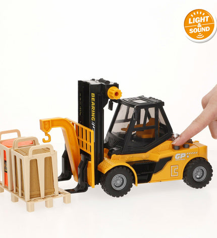 Six Colorbaby construction vehicle toys with lights and sounds, measuring 26x14x10 cm, designed for children's play.