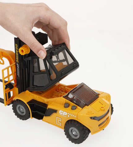 Six Colorbaby toy construction vehicles with colorful lights and sounds, measuring 26x14x10 cm, for playful building fun.