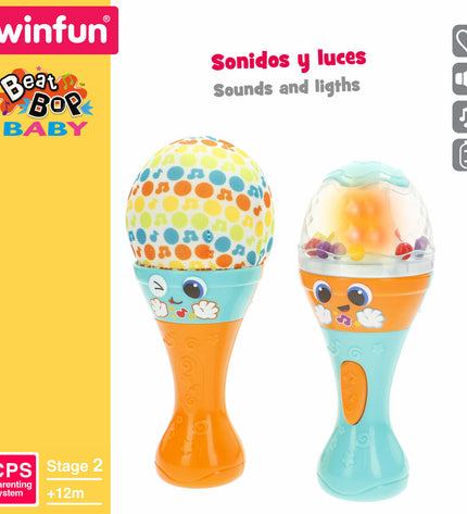 Set of six Winfun baby musical toys, 7x17x7 cm, colorful and child-friendly, designed for young children’s playful development.