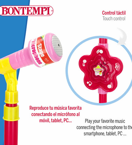 Six colorful Bontempi baby toy microphones, 20x10.5x20 cm, designed for young children to play and sing.
