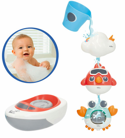 Colorbaby bath toy set with six colorful plastic fish and water toys, sized 16x6.5x9 cm for kids' bath time fun.
