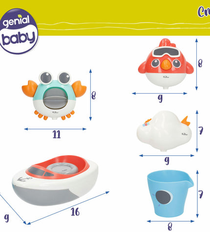 Set of six Colorbaby bath toys shaped like kitchen and household items, colorful plastic, 16x6.5x9 cm each.