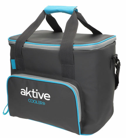 Set of four Aktive 20L black polyester cooler boxes with PEVA foam insulation, ideal for camping and outdoor activities.