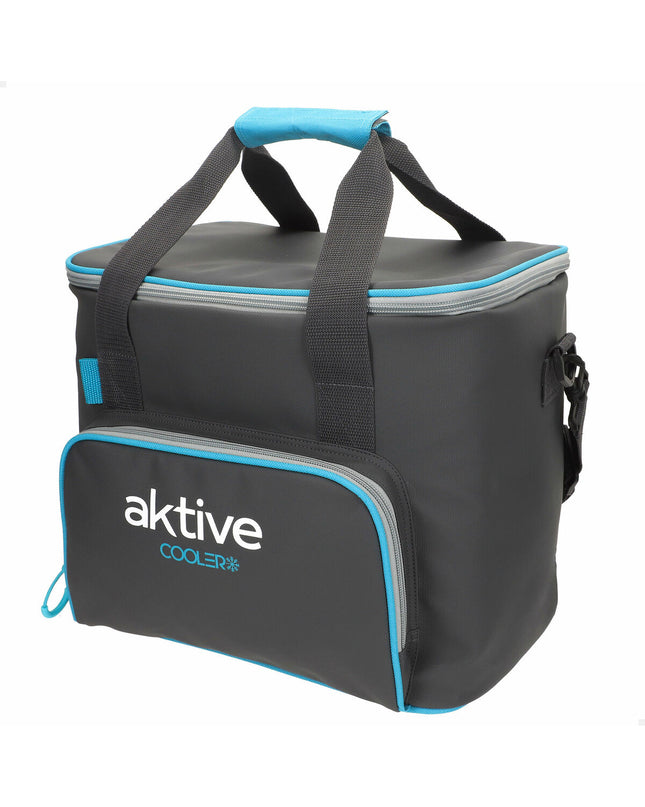 Set of four Aktive 20L black polyester cooler boxes with PEVA foam insulation, ideal for camping and outdoor activities.