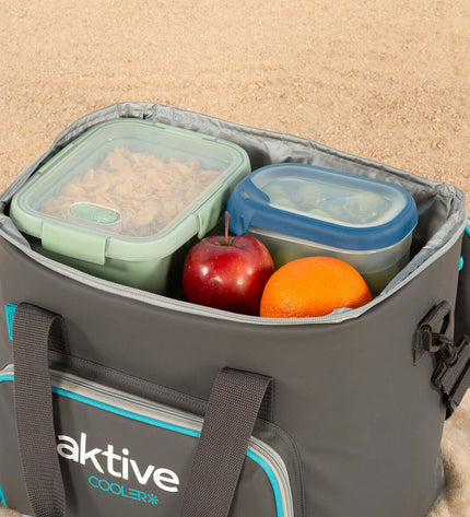 Set of four Aktive black polyester cooler boxes with PEVA foam insulation, 20L capacity, ideal for camping and outdoor activities.