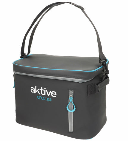 Six Aktive black polyester cooler boxes with PEVA foam insulation, 18L capacity, 34x26x21cm, suited for camping and outdoor activities.