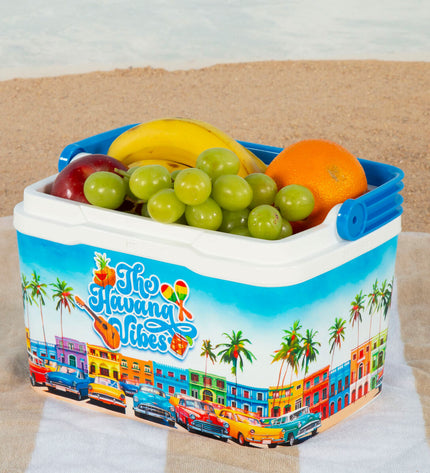 Six Aktive blue portable hard cool boxes, 5L plastic, suitable for camping and outdoor activities, measuring 28x19x21 cm.