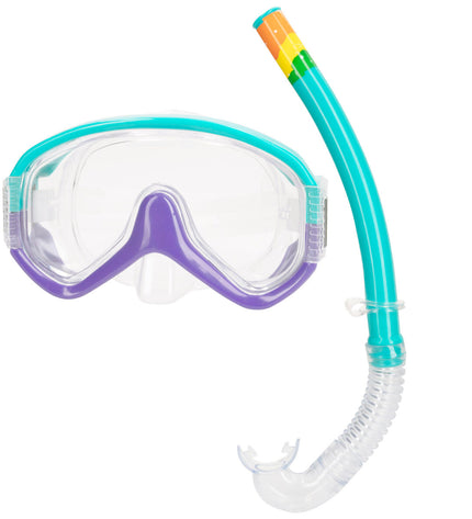 Set of six turquoise kids snorkel masks and snorkel tubes by AquaSport for water sports and outdoor swimming activities.