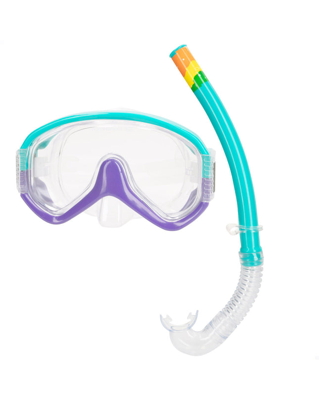 Set of six turquoise kids snorkel masks and snorkel tubes by AquaSport for water sports and outdoor swimming activities.