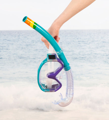 Set of six turquoise kids' snorkel masks and snorkel tubes by AquaSport for water sports and outdoor swimming activities.