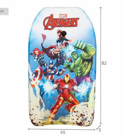 The Avengers bodyboard 82 x 45 cm designed for watersports, with a vibrant superhero-themed graphic on a blue background.