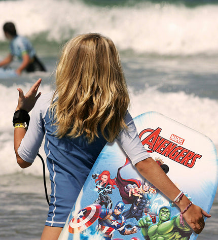 The Avengers bodyboard 82x45x5 cm for watersport, featuring a vibrant superhero design on a lightweight foam body.