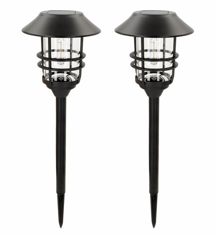 Pair of Aktive outdoor garden decorative sun lamps, 17x58x17 cm, illuminated for outdoor ambiance.