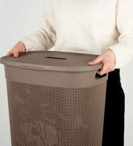 Set of 8 brown Curver plastic laundry baskets, 55 L capacity, measuring 44x61x35 cm, used for home storage and organization.