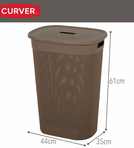 Set of eight Curver brown plastic laundry baskets, 55L capacity, measuring 44x61x35 cm, for household storage and organization.