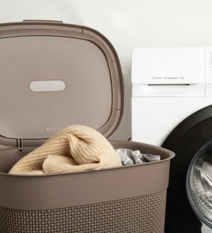 Eight brown Curver plastic laundry baskets, 55L capacity, measuring 44x61x35 cm, for home storage and organization.