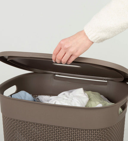 Set of 8 Curver brown plastic laundry baskets, 55L capacity, measuring 44 x 61 x 35 cm, for home organization and storage.