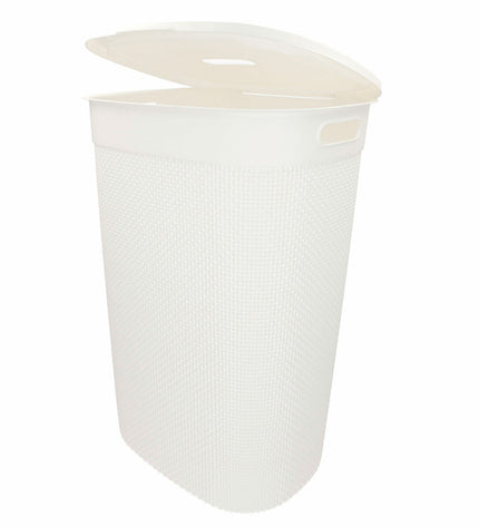 Eight white Curver plastic laundry baskets, 55L capacity, measuring 44x61x35 cm each, for home storage and organization.