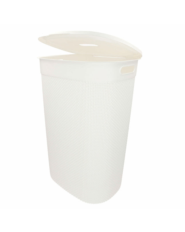 Eight white Curver plastic laundry baskets, 55L capacity, measuring 44x61x35 cm each, for home storage and organization.