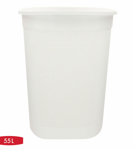 Eight Curver white plastic laundry baskets, 55L capacity, measuring 44x61x35 cm, for household storage and organization.