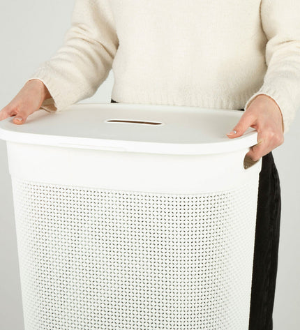 Set of 8 white Curver plastic laundry baskets, 55L capacity, measuring 44x61x35 cm, for home storage and organization.