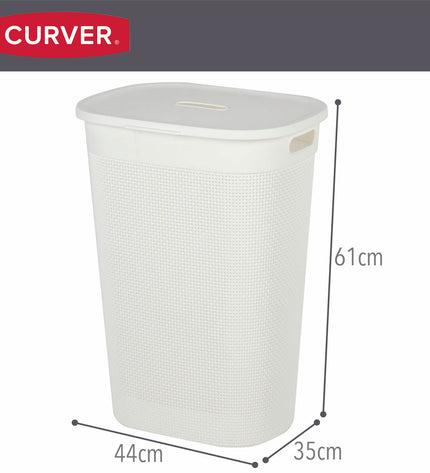 Set of 8 white Curver plastic laundry baskets, 55L capacity, measuring 44 x 61 x 35 cm, used for home organization.
