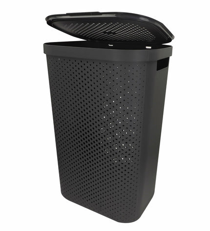 Six Curver Infinity gray plastic laundry baskets with handles, each measuring 44x60x35 cm, for household storage and organization.