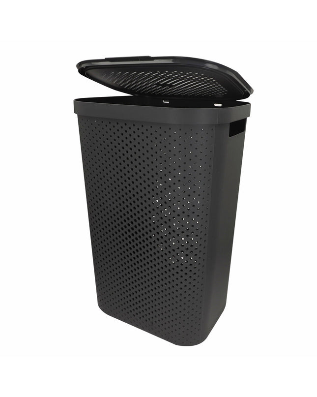 Six Curver Infinity gray plastic laundry baskets with handles, each measuring 44x60x35 cm, for household storage and organization.