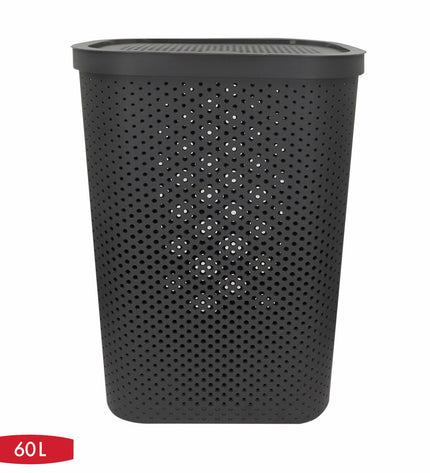 Six gray Curver Infinity plastic laundry baskets, 60L capacity, 44x60x35 cm, for home organization and storage.