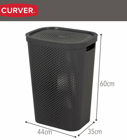 Six gray Curver Infinity plastic laundry baskets, 60L capacity, measuring 44x60x35 cm, for home storage and organization.