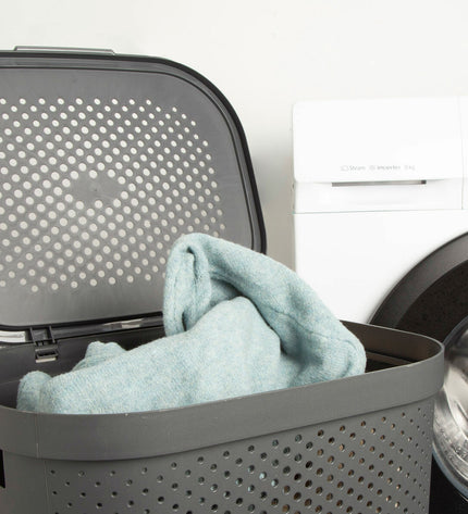 Six Curver INFINITY gray plastic laundry baskets, 60L capacity, measuring 44x60x35cm, for home storage and organization.