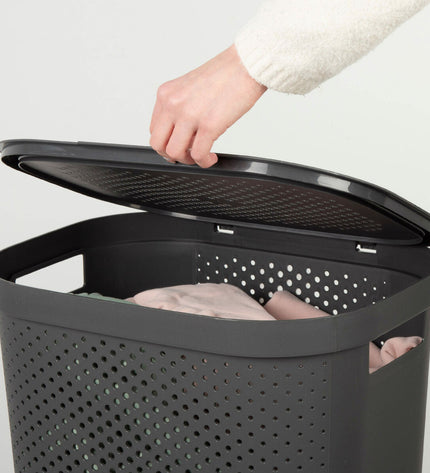 Set of six Curver Infinity gray plastic laundry baskets, 60L capacity, measuring 44 x 60 x 35 cm for home organization.