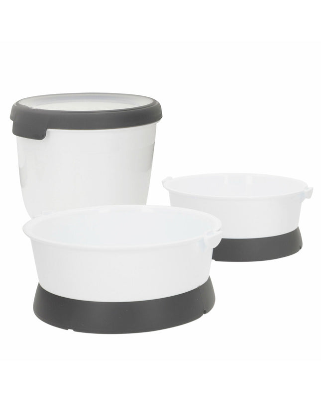 Six Curver plastic foldable dog food bowls, each measuring 19x8x18 cm, arranged together for easy feeding and storage.