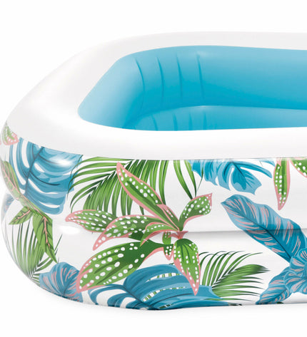 Three Intex inflatable swimming pools, 229x48x152 cm, shown outdoors in a garden setting.
