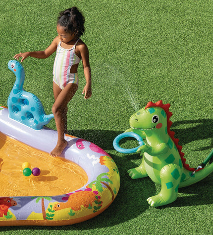 Inflatable children's swimming pool by Intex, 201x69x157 cm, shown with three pools, suitable for outdoor play and water fun.