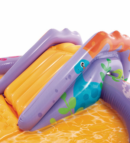 Intex inflatable children's pool with three sections, measuring 201 x 69 x 157 cm, suitable for outdoor play and water fun.