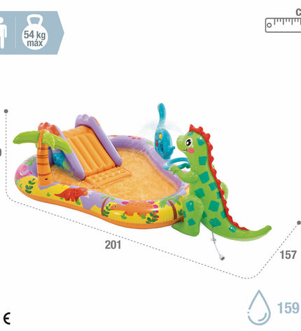 Inflatable children's pool by Intex, 201x69x157 cm, shown with three pool pieces, suitable for outdoor water play and fun.