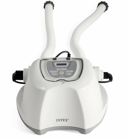 Two Intex zoutchlorering systemen for pools and jacuzzis, showing compact units with control panels and hoses attached.