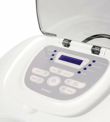Intex zoutchloreringssysteem voor tuinzwembaden en jacuzzi's, twee stuks, zichtbaar in de afbeelding.