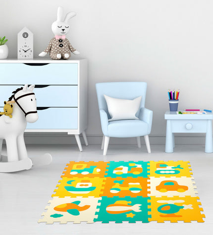 Colorbaby multicolour plastic EVA puzzle mat with 9 interlocking pieces, 90x90cm, designed for children's play areas.