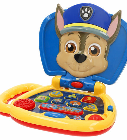 Four multicolored Paw Patrol electronic toy computers measuring 20x17x14 cm, featuring playful design and buttons.