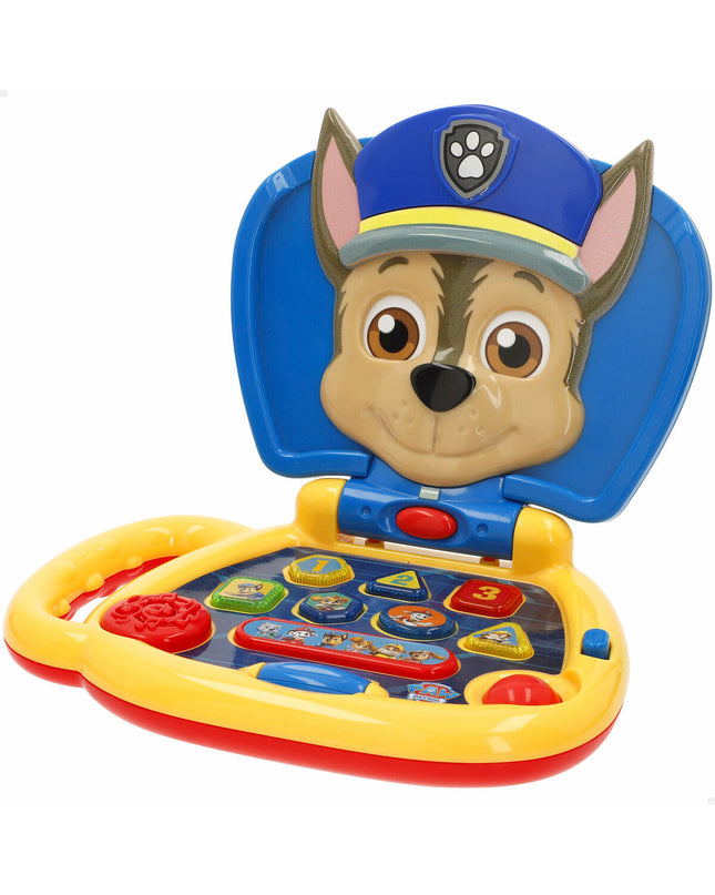 Four multicolored Paw Patrol electronic toy computers measuring 20x17x14 cm, featuring playful design and buttons.