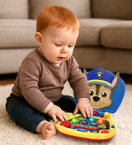 Four multicolored Paw Patrol toy computers, electronic playsets measuring 20x17x14 cm, designed for children's imaginative play.