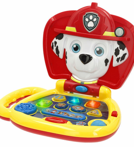 Four multicolor Paw Patrol electronic toy computers, 20x17x14 cm, featuring playful designs and buttons, suitable for children.