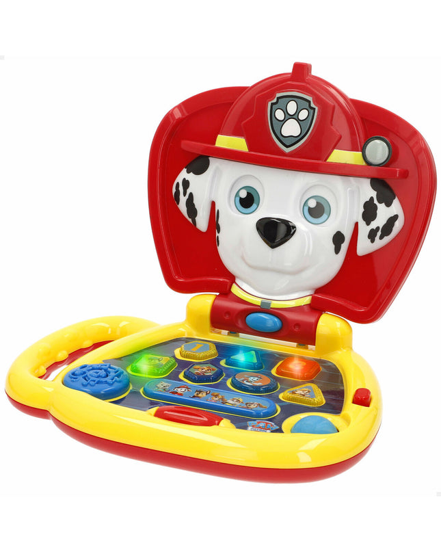 Four multicolor Paw Patrol electronic toy computers, 20x17x14 cm, featuring playful designs and buttons, suitable for children.