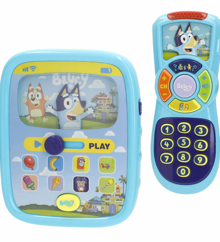 Four Bluey baby learning toy phones for young children, colorful and designed for early childhood education and play.