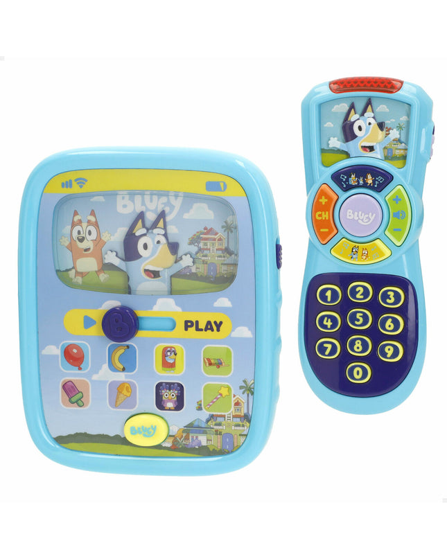 Four Bluey baby learning toy phones for young children, colorful and designed for early childhood education and play.