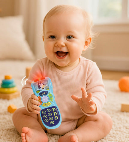 Set of four Bluey baby learning toys shaped like phones, colorful and designed for young children to play and learn.