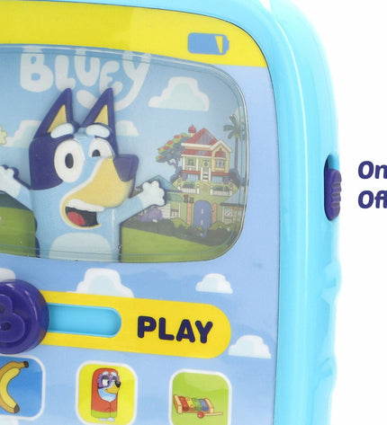 Set of four Bluey baby learning phones, colorful educational toys for young children featuring Bluey characters.