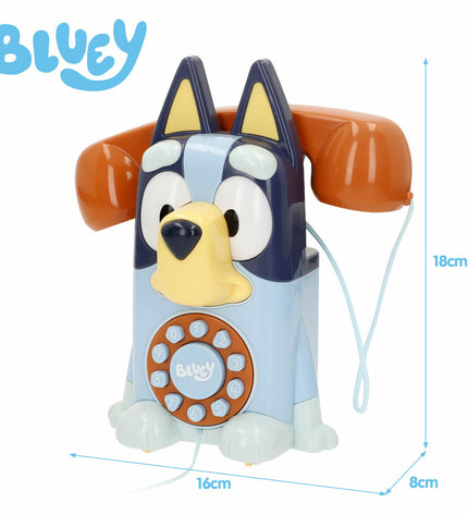 Set of four Bluey plastic toy phones, blue color, measuring 16x18x8 cm, for pretend play and imitation games.